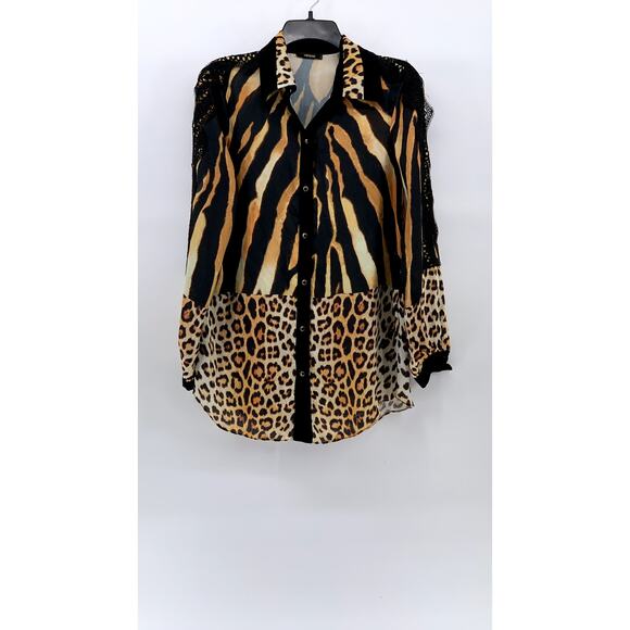 GENESE Women's Black-Brown Animal Print Long Sleeve Button-Up Top SZ 2 - Picture 1 of 13